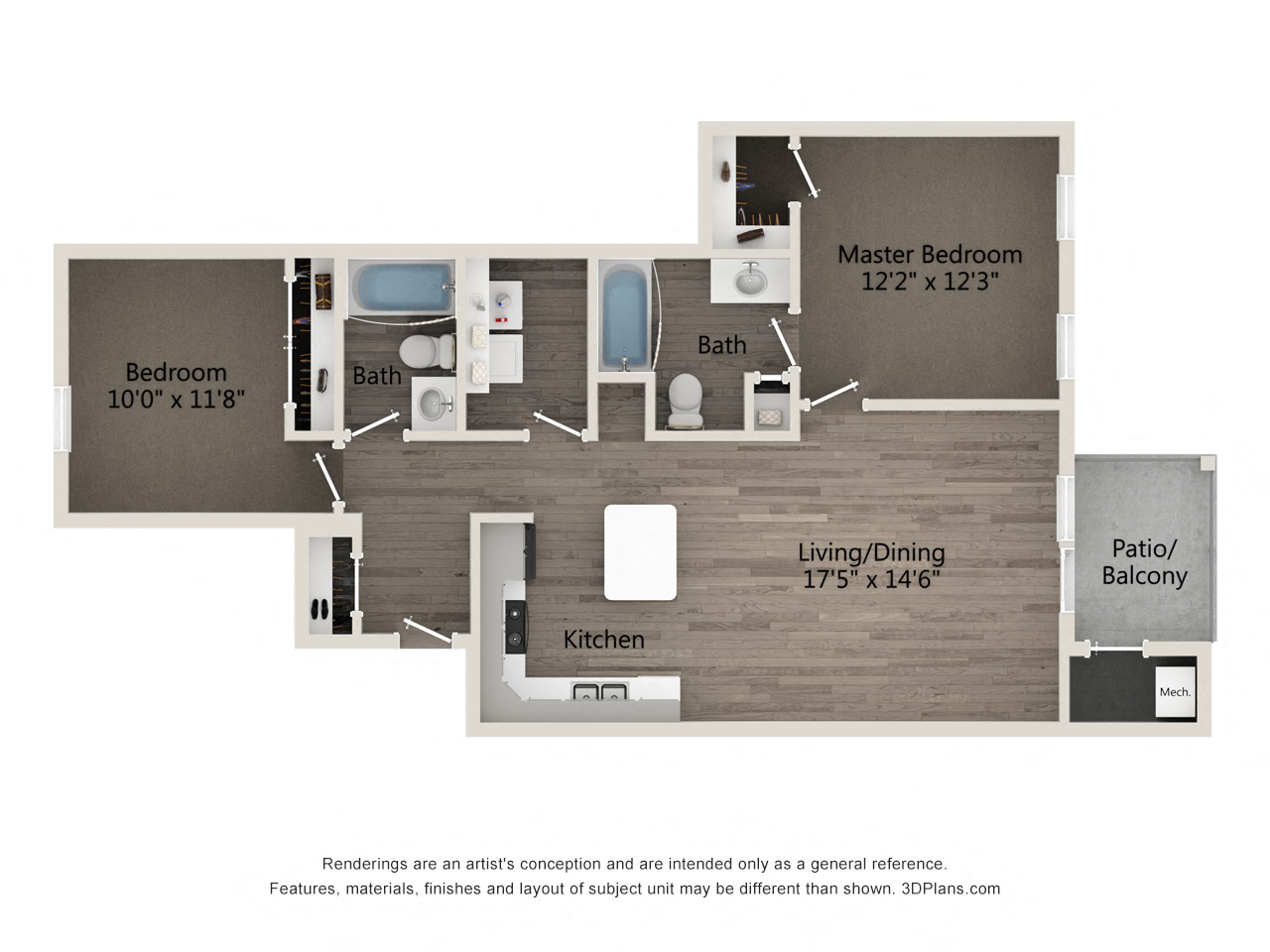 Floor plan for 2 beds, 2 baths, 915 sqft